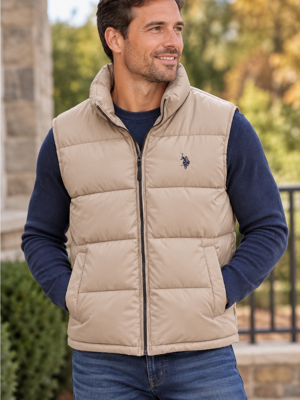 U.S. Polo Assn. Men's Puffer Vest in Tan with Navy Logo